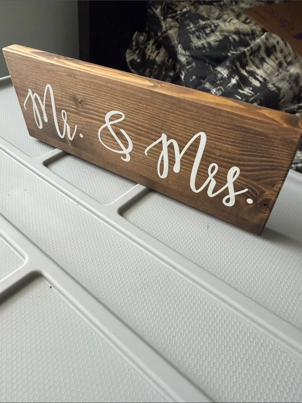 Mr. & Mrs. Wooden Wall Sign - White on Brown